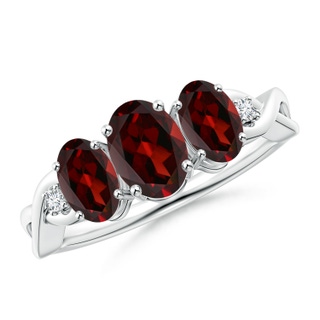 7x5mm AAA Oval Garnet Three Stone Criss-Cross Ring in White Gold