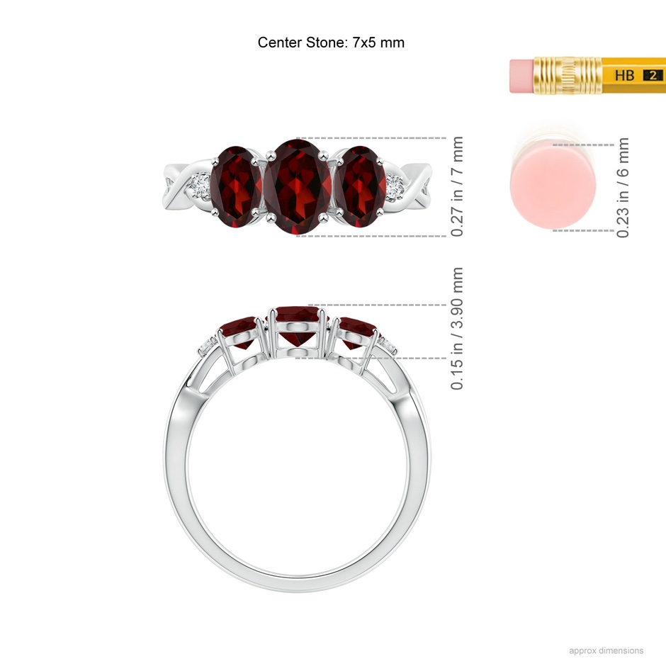 7x5mm AAA Oval Garnet Three Stone Criss-Cross Ring in White Gold ruler