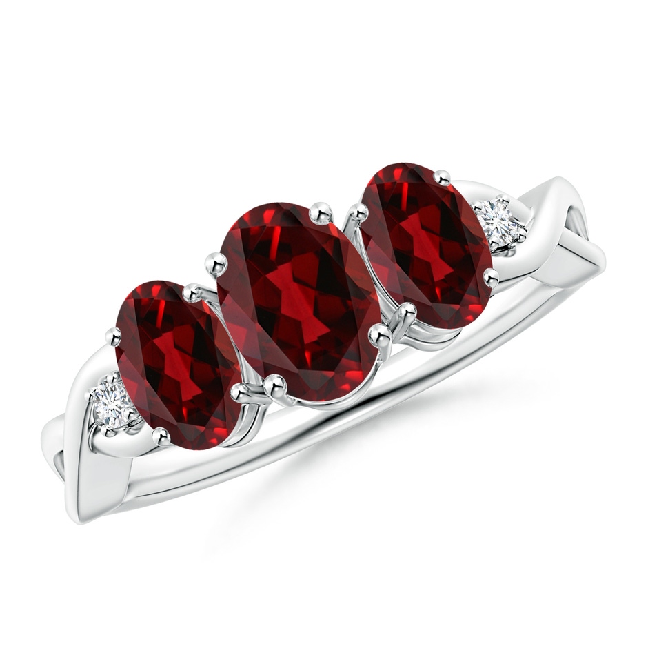 7x5mm AAAA Oval Garnet Three Stone Criss-Cross Ring in White Gold 