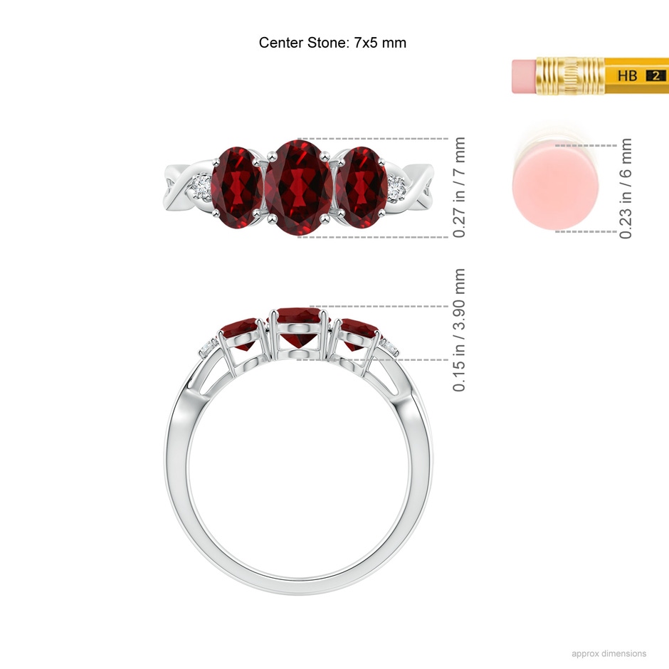 7x5mm AAAA Oval Garnet Three Stone Criss-Cross Ring in White Gold ruler