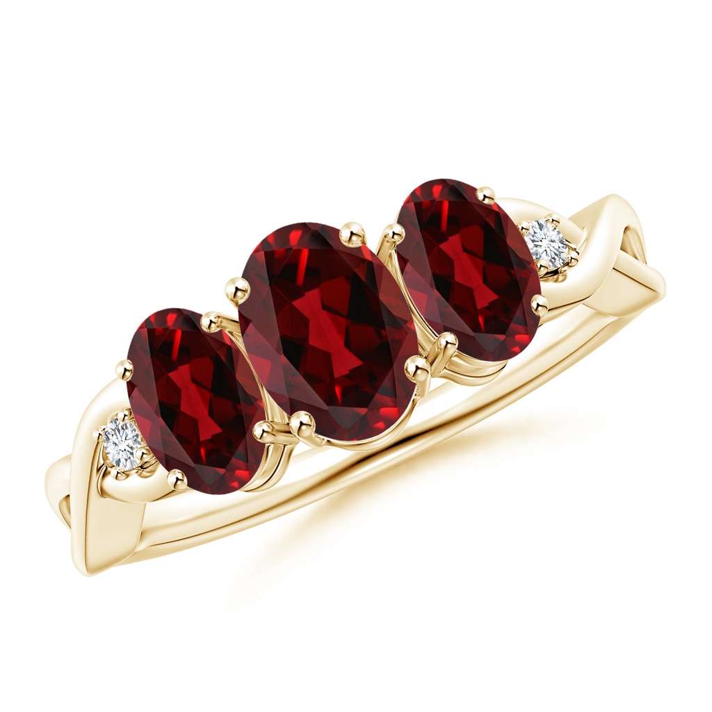 7x5mm AAAA Oval Garnet Three Stone Criss-Cross Ring in Yellow Gold