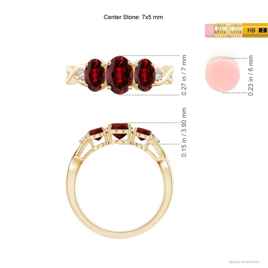 7x5mm AAAA Oval Garnet Three Stone Criss-Cross Ring in Yellow Gold ruler