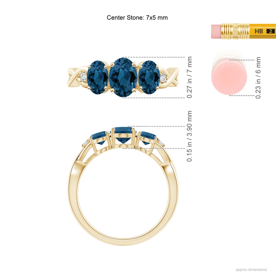 7x5mm AAA Oval London Blue Topaz Three Stone Criss-Cross Ring in Yellow Gold product image