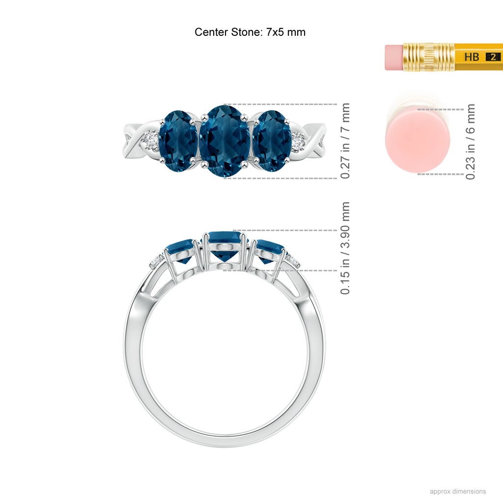 7x5mm AAAA Oval London Blue Topaz Three Stone Criss-Cross Ring in White Gold Product Image