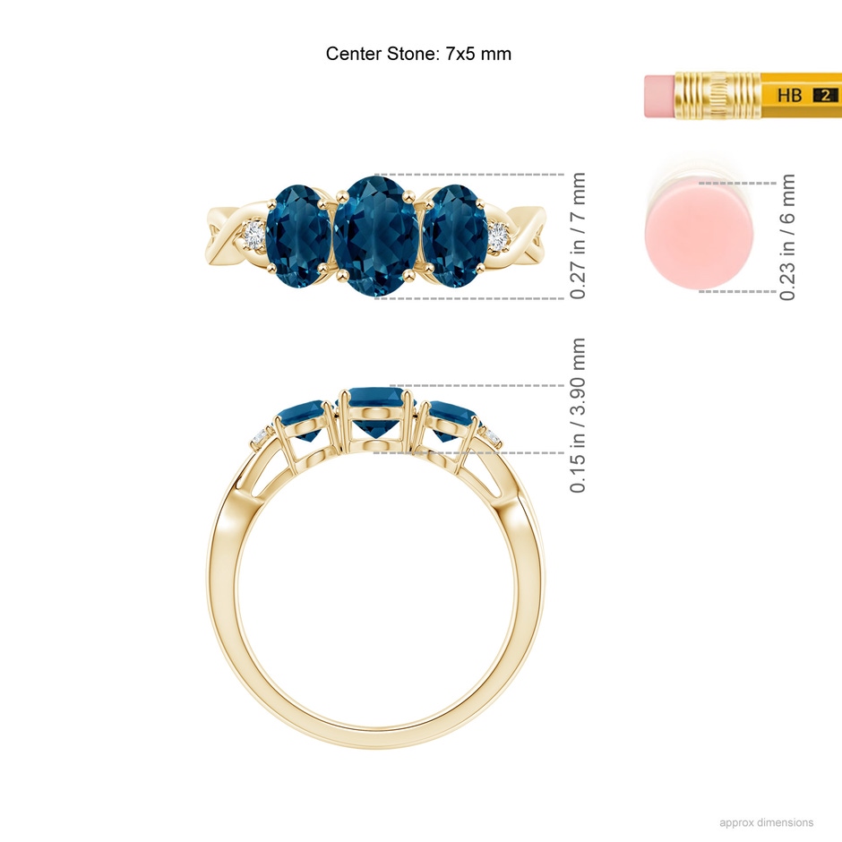 7x5mm AAAA Oval London Blue Topaz Three Stone Criss-Cross Ring in Yellow Gold product image