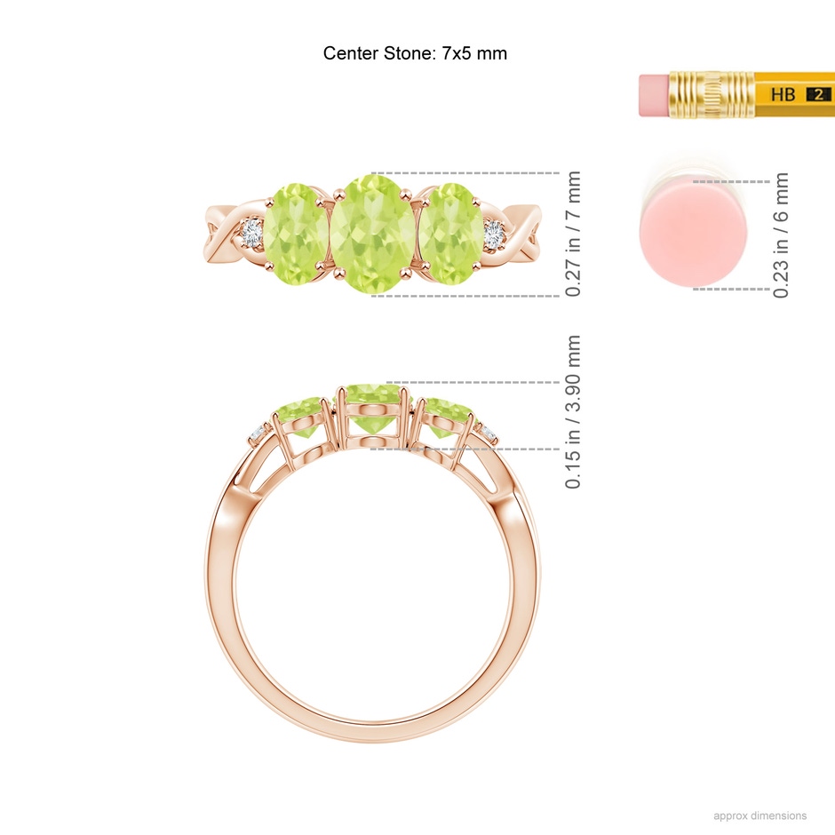 7x5mm A Oval Peridot Three Stone Criss-Cross Ring in Rose Gold ruler