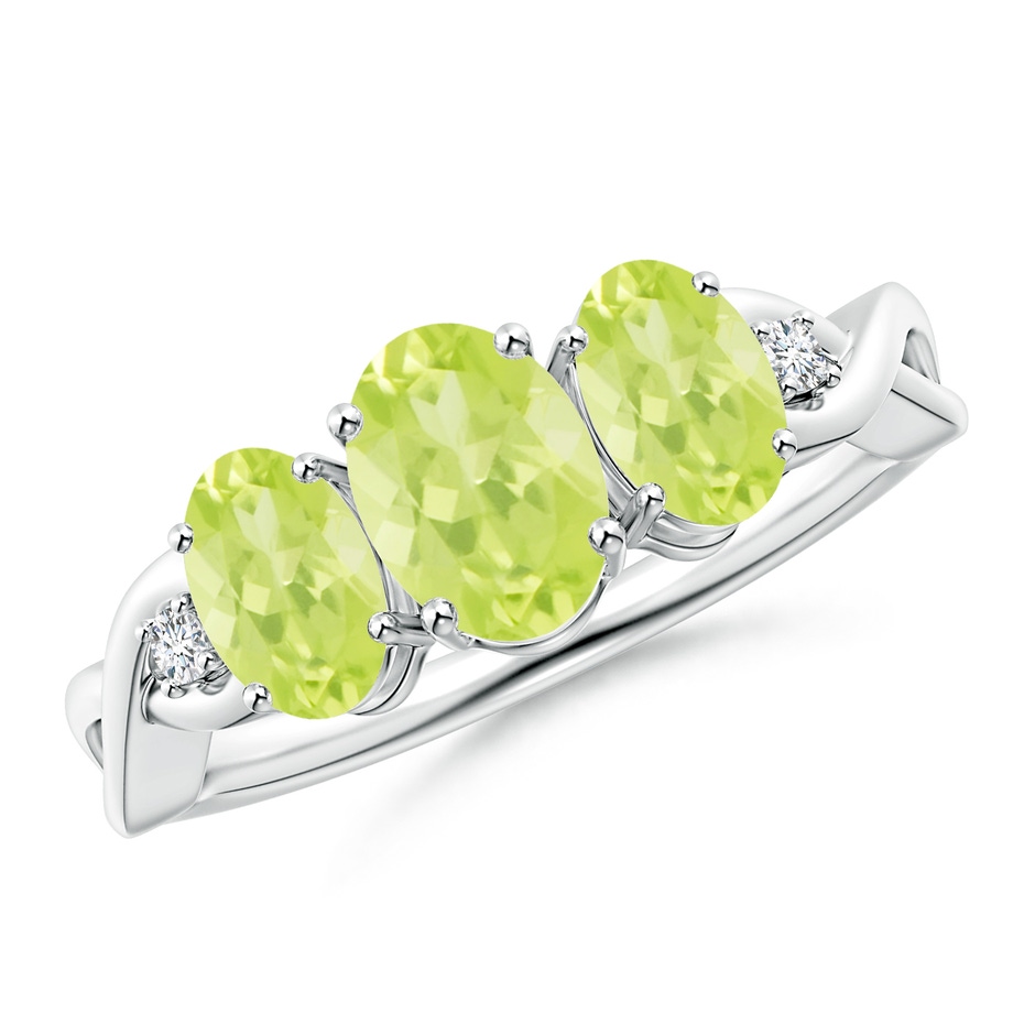 7x5mm A Oval Peridot Three Stone Criss-Cross Ring in White Gold 