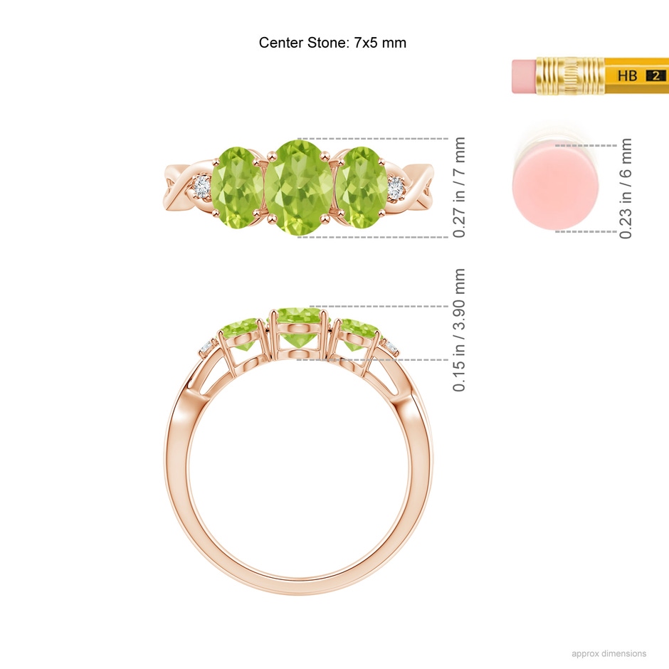 7x5mm AA Oval Peridot Three Stone Criss-Cross Ring in Rose Gold ruler