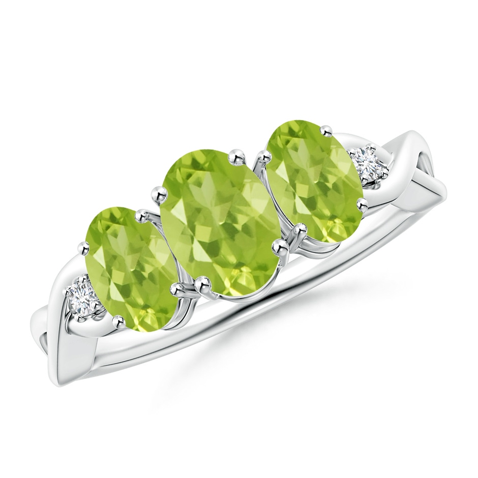 7x5mm AA Oval Peridot Three Stone Criss-Cross Ring in White Gold 