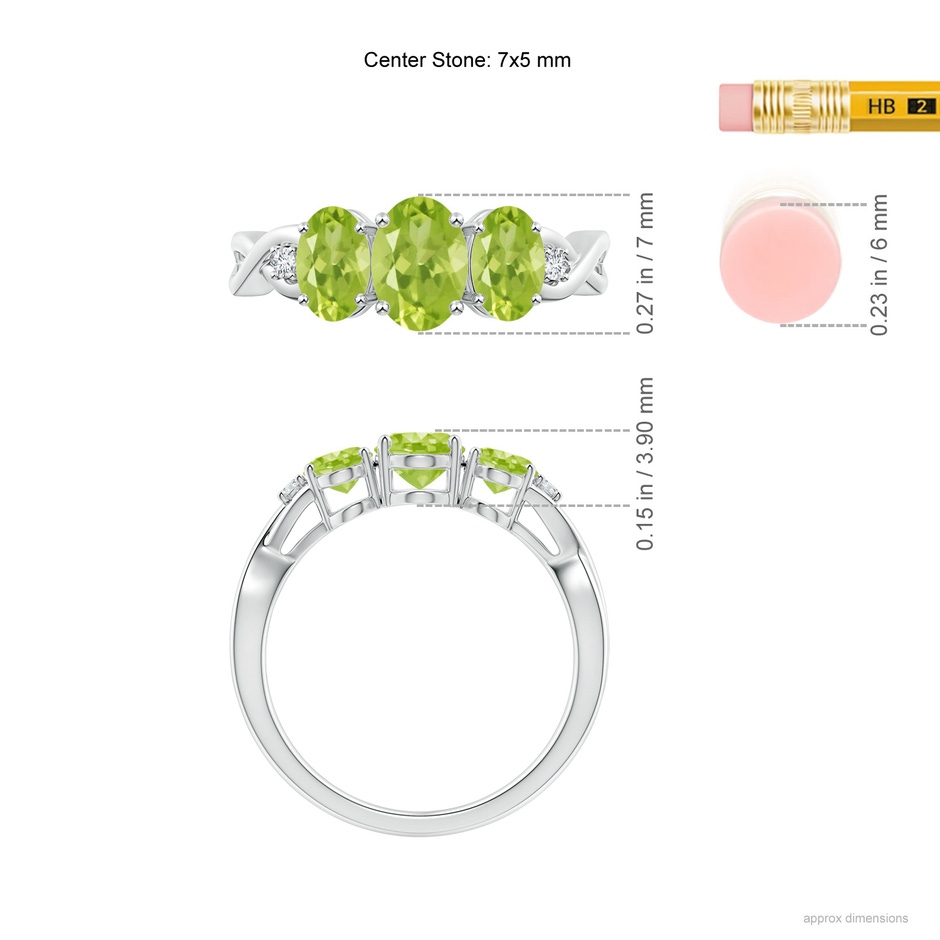 7x5mm AA Oval Peridot Three Stone Criss-Cross Ring in White Gold ruler