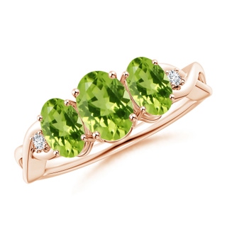 7x5mm AAA Oval Peridot Three Stone Criss-Cross Ring in Rose Gold