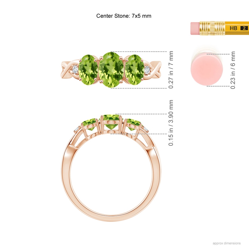 7x5mm AAA Oval Peridot Three Stone Criss-Cross Ring in Rose Gold ruler