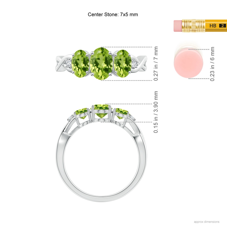 7x5mm AAA Oval Peridot Three Stone Criss-Cross Ring in White Gold ruler