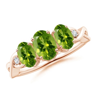 7x5mm AAAA Oval Peridot Three Stone Criss-Cross Ring in 10K Rose Gold