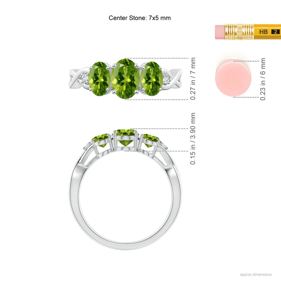 7x5mm AAAA Oval Peridot Three Stone Criss-Cross Ring in 9K White Gold ruler