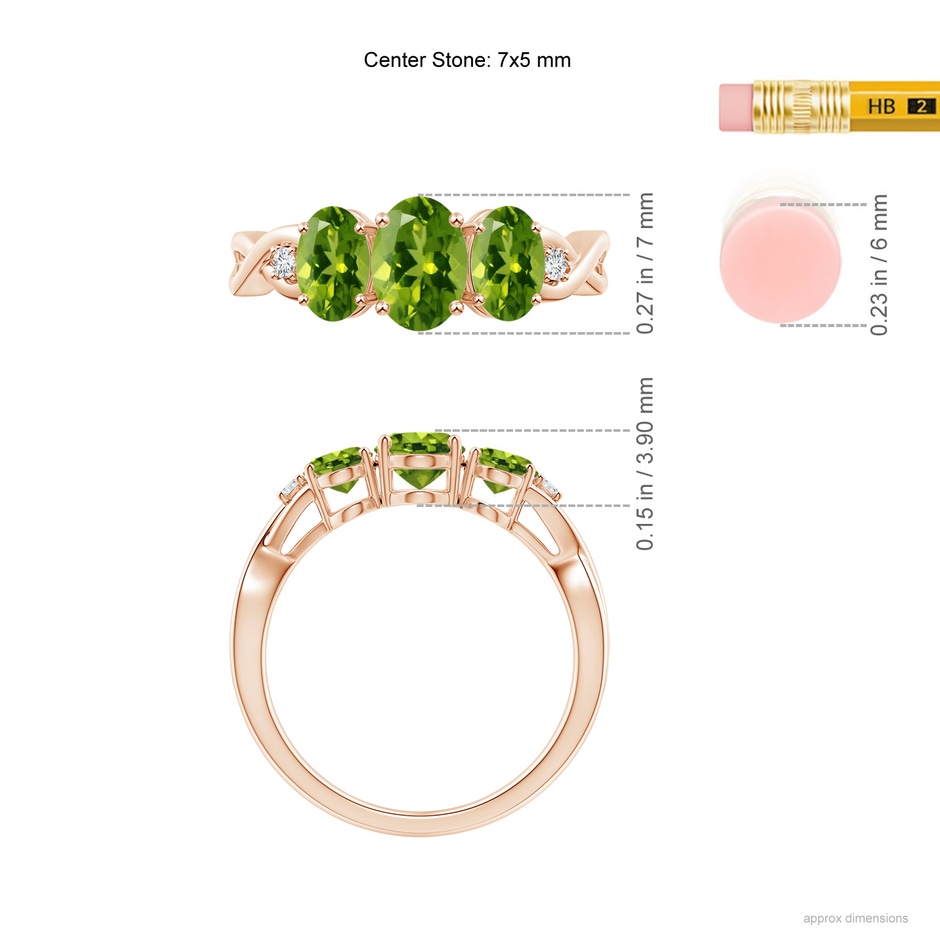 7x5mm AAAA Oval Peridot Three Stone Criss-Cross Ring in Rose Gold ruler