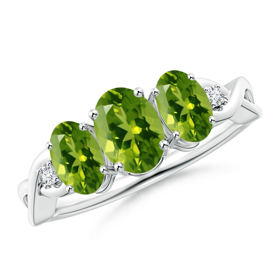 7x5mm AAAA Oval Peridot Three Stone Criss-Cross Ring in White Gold 