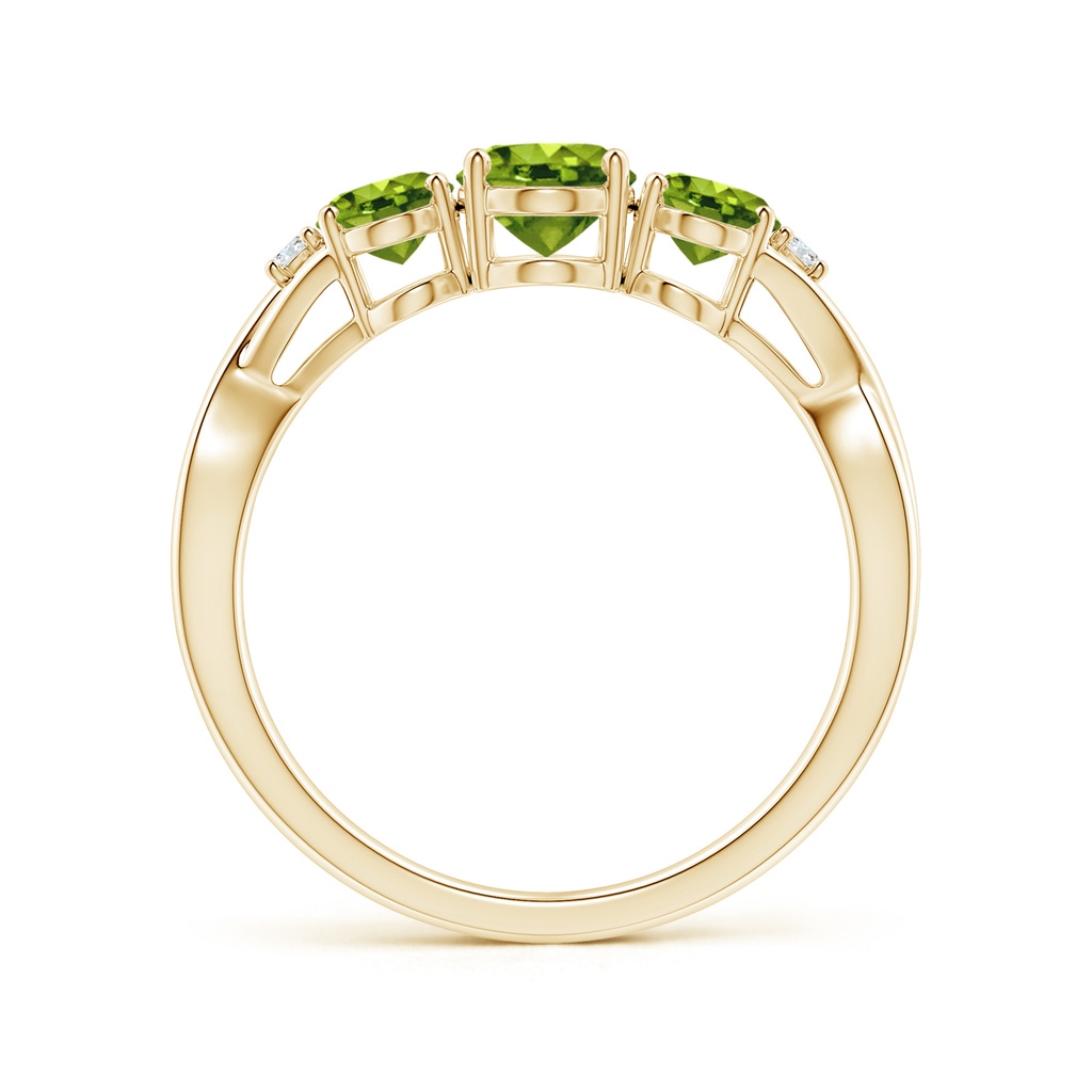 7x5mm AAAA Oval Peridot Three Stone Criss-Cross Ring in Yellow Gold Side-1