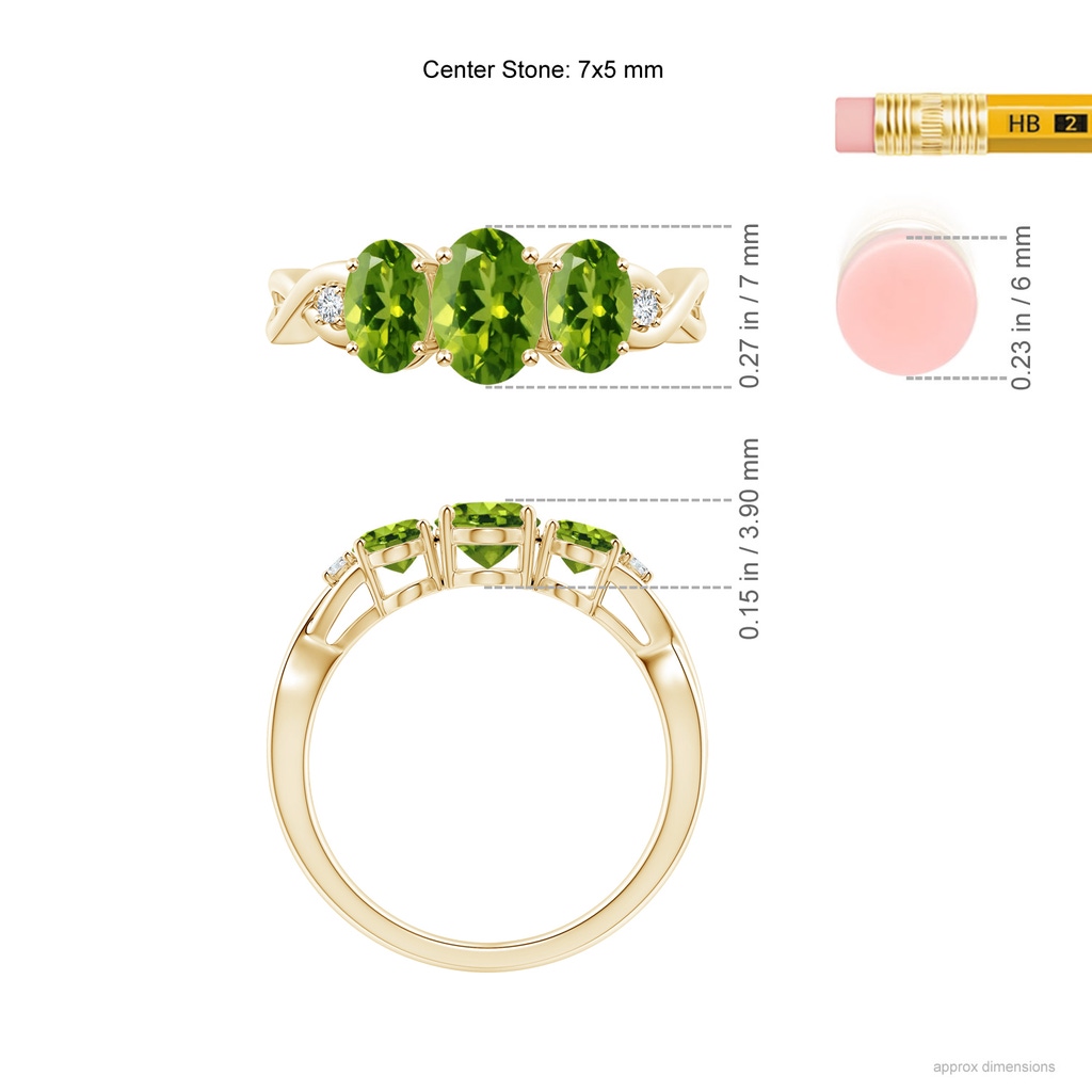 7x5mm AAAA Oval Peridot Three Stone Criss-Cross Ring in Yellow Gold Ruler