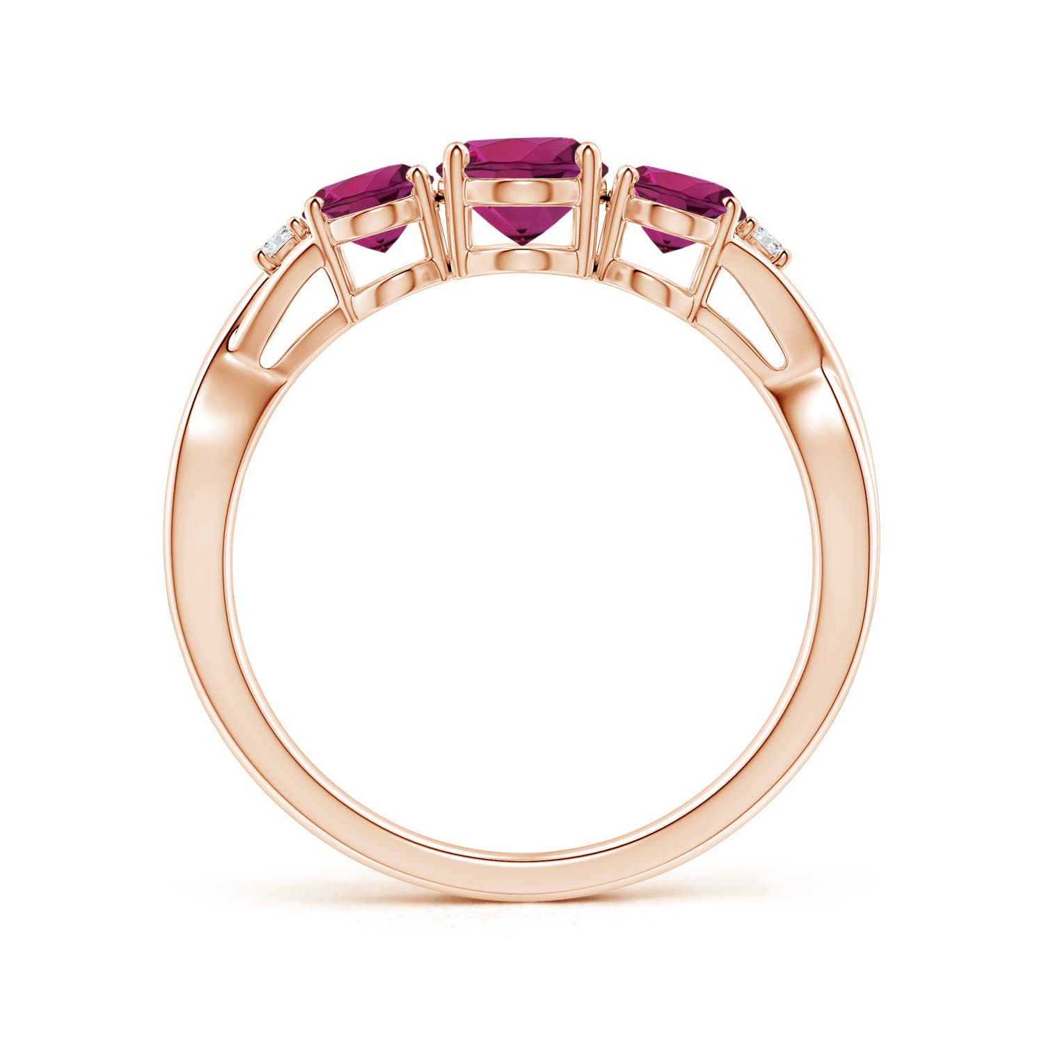 7x5mm AAAA Oval Rhodolite Three Stone Criss-Cross Ring in Rose Gold