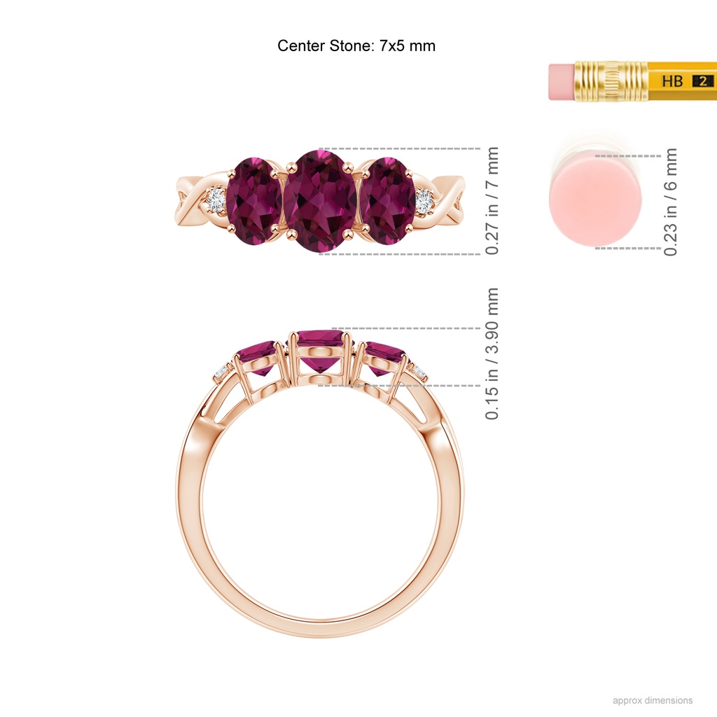 7x5mm AAAA Oval Rhodolite Three Stone Criss-Cross Ring in Rose Gold Ruler