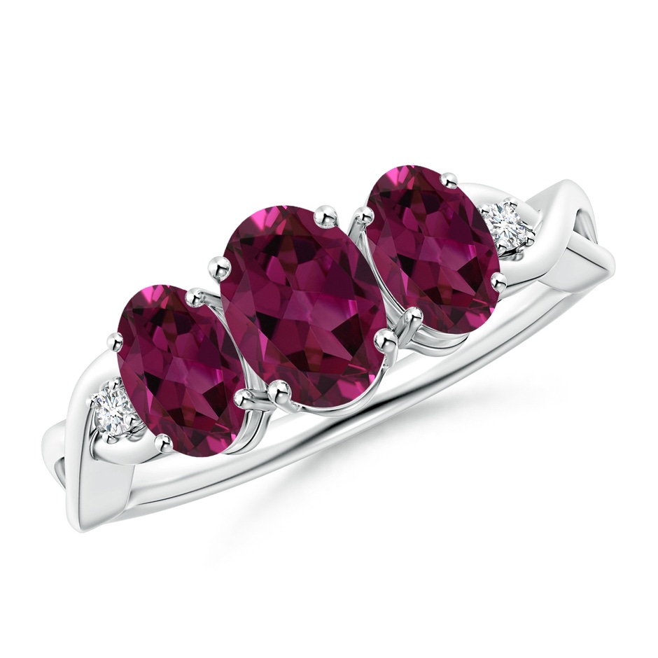 7x5mm AAAA Oval Rhodolite Three Stone Criss-Cross Ring in White Gold 