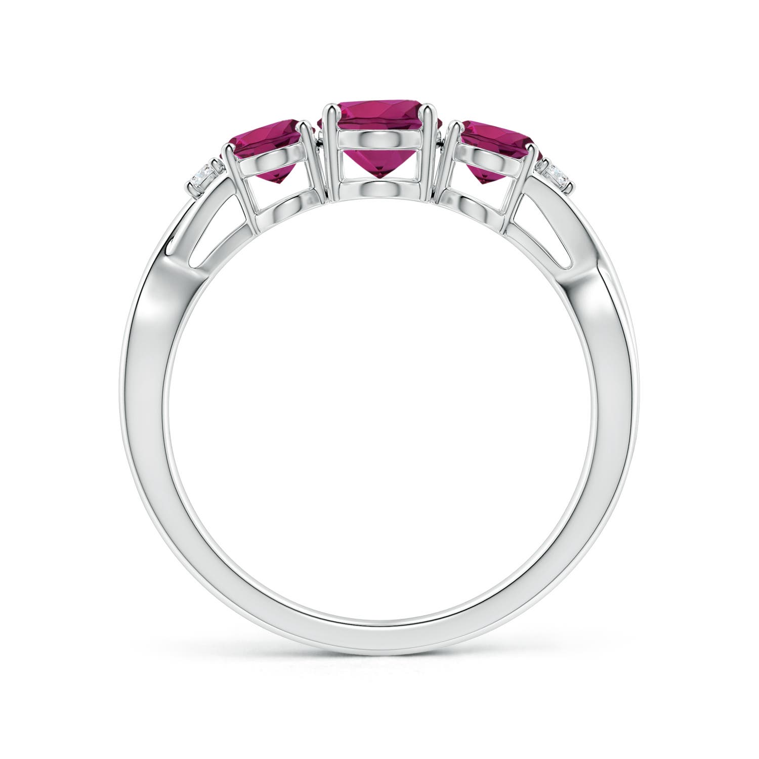 7x5mm AAAA Oval Rhodolite Three Stone Criss-Cross Ring in White Gold - side 2