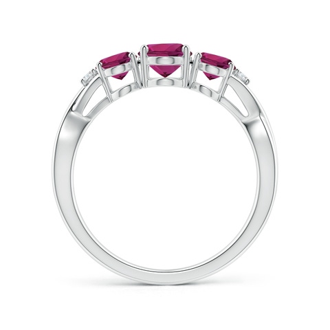 7x5mm AAAA Oval Rhodolite Three Stone Criss-Cross Ring in White Gold - side 2