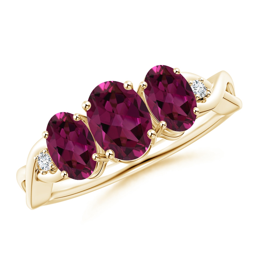 7x5mm AAAA Oval Rhodolite Three Stone Criss-Cross Ring in Yellow Gold