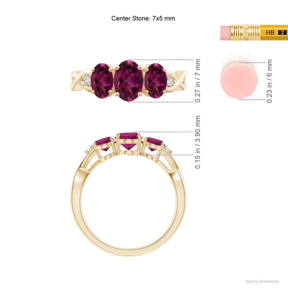 7x5mm AAAA Oval Rhodolite Three Stone Criss-Cross Ring in Yellow Gold ruler