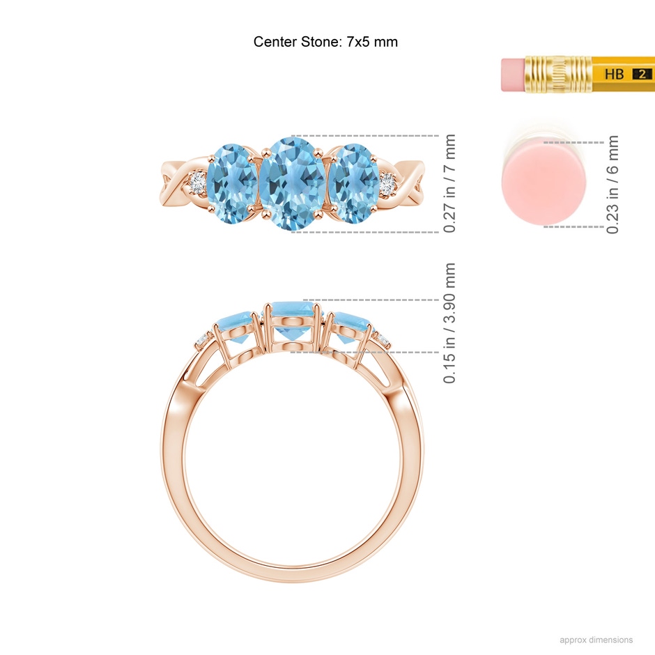7x5mm A Oval Swiss Blue Topaz Three Stone Criss-Cross Ring in Rose Gold ruler