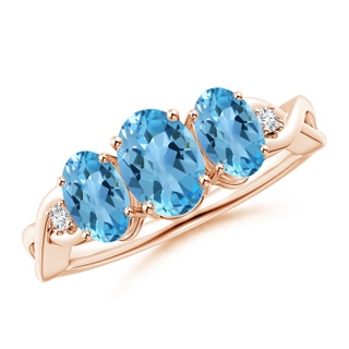 7x5mm AA Oval Swiss Blue Topaz Three Stone Criss-Cross Ring in Rose Gold