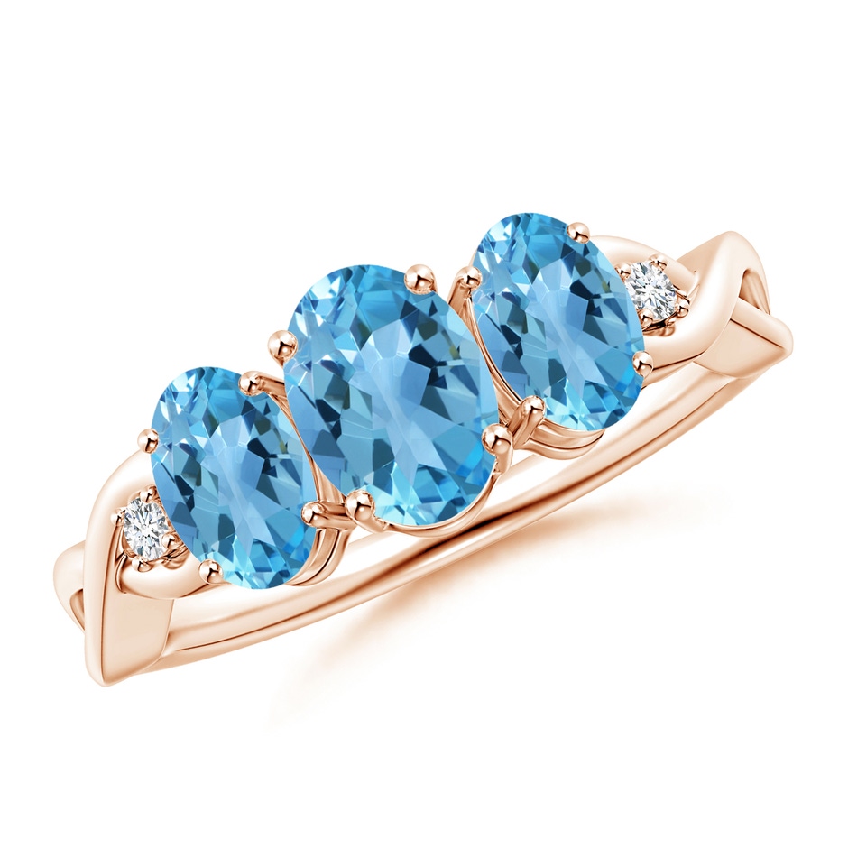 7x5mm AA Oval Swiss Blue Topaz Three Stone Criss-Cross Ring in Rose Gold 