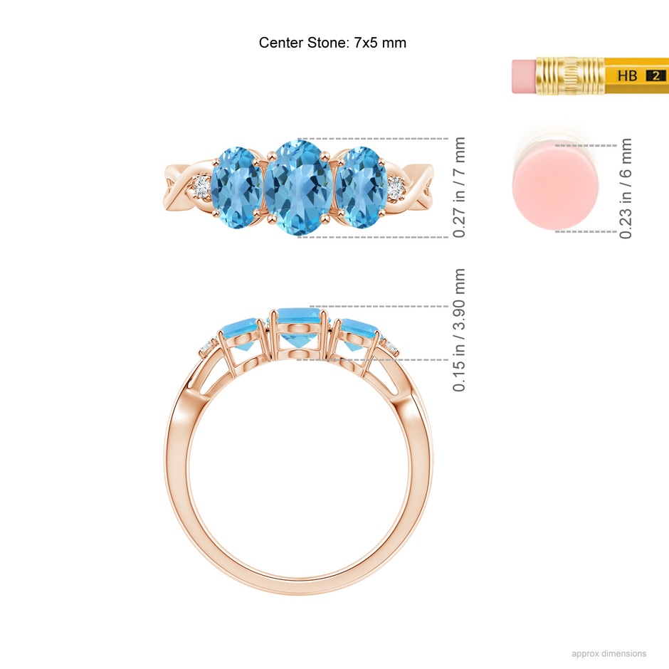 7x5mm AA Oval Swiss Blue Topaz Three Stone Criss-Cross Ring in Rose Gold ruler