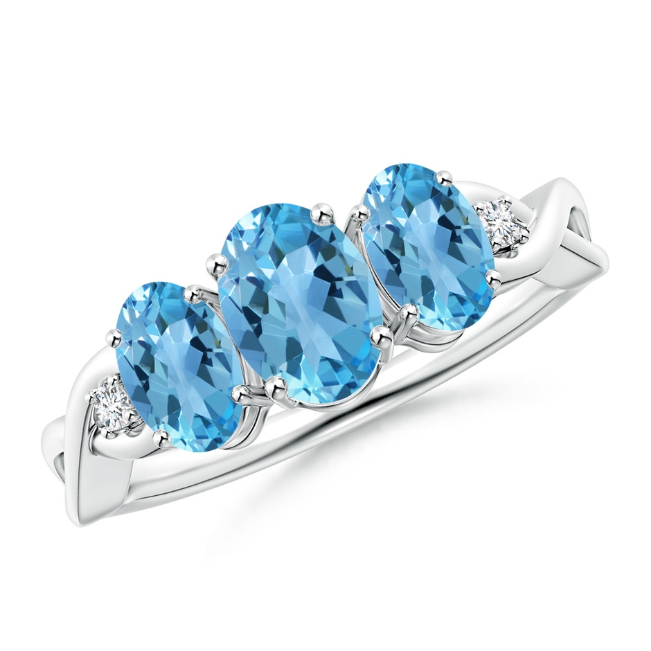 7x5mm AA Oval Swiss Blue Topaz Three Stone Criss-Cross Ring in White Gold 