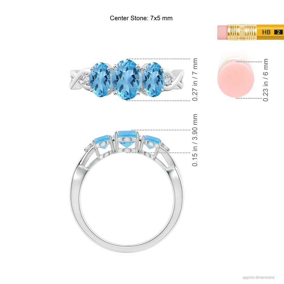 7x5mm AA Oval Swiss Blue Topaz Three Stone Criss-Cross Ring in White Gold ruler
