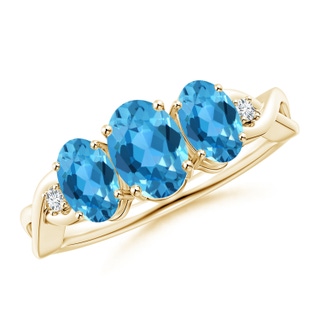 7x5mm AAA Oval Swiss Blue Topaz Three Stone Criss-Cross Ring in 9K Yellow Gold