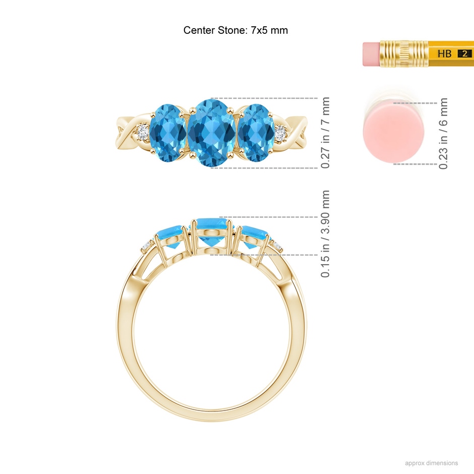 7x5mm AAA Oval Swiss Blue Topaz Three Stone Criss-Cross Ring in 9K Yellow Gold ruler