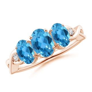 7x5mm AAA Oval Swiss Blue Topaz Three Stone Criss-Cross Ring in Rose Gold