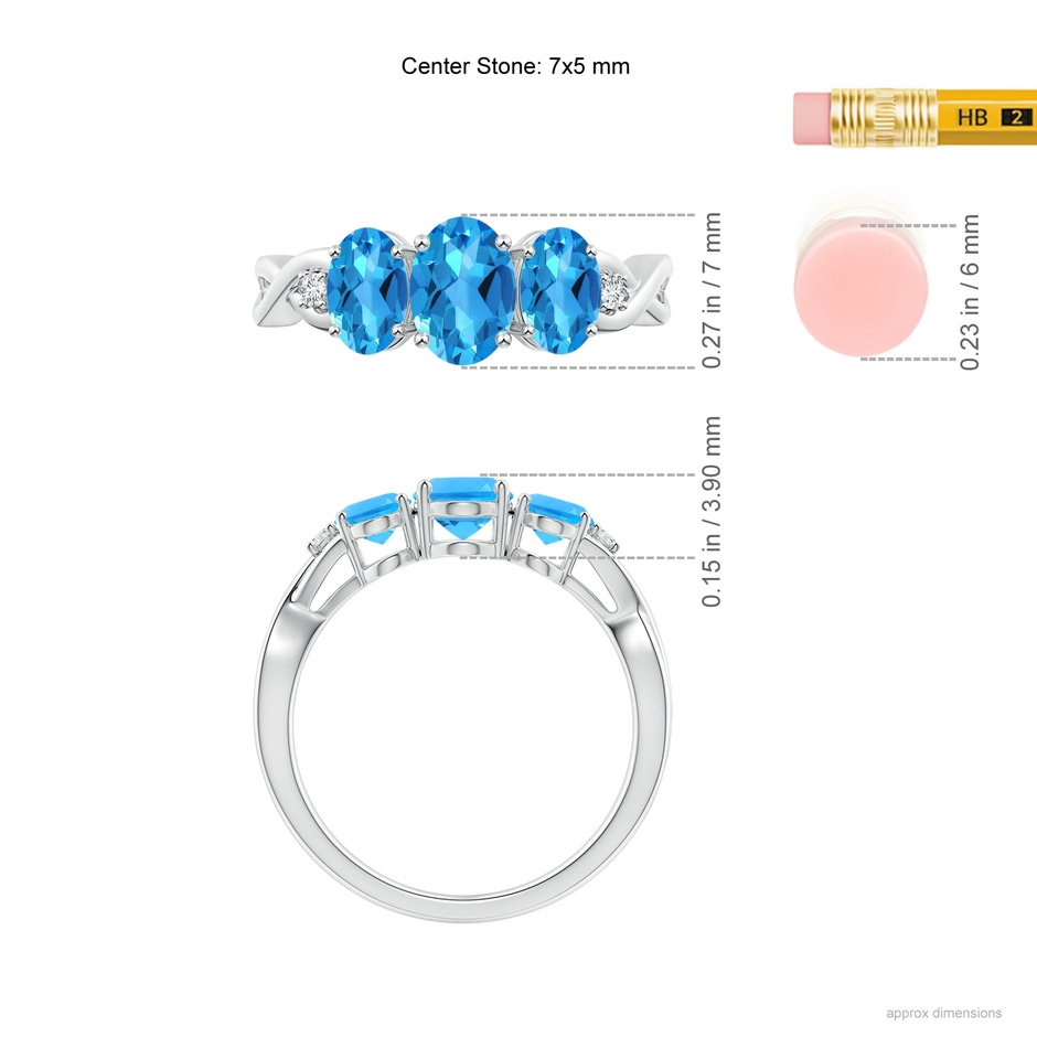 7x5mm AAAA Oval Swiss Blue Topaz Three Stone Criss-Cross Ring in 10K White Gold ruler