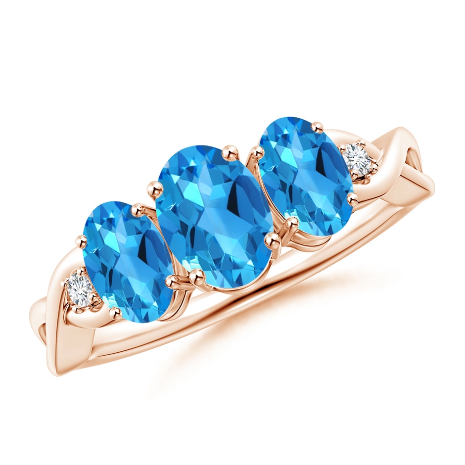 7x5mm AAAA Oval Swiss Blue Topaz Three Stone Criss-Cross Ring in Rose Gold 