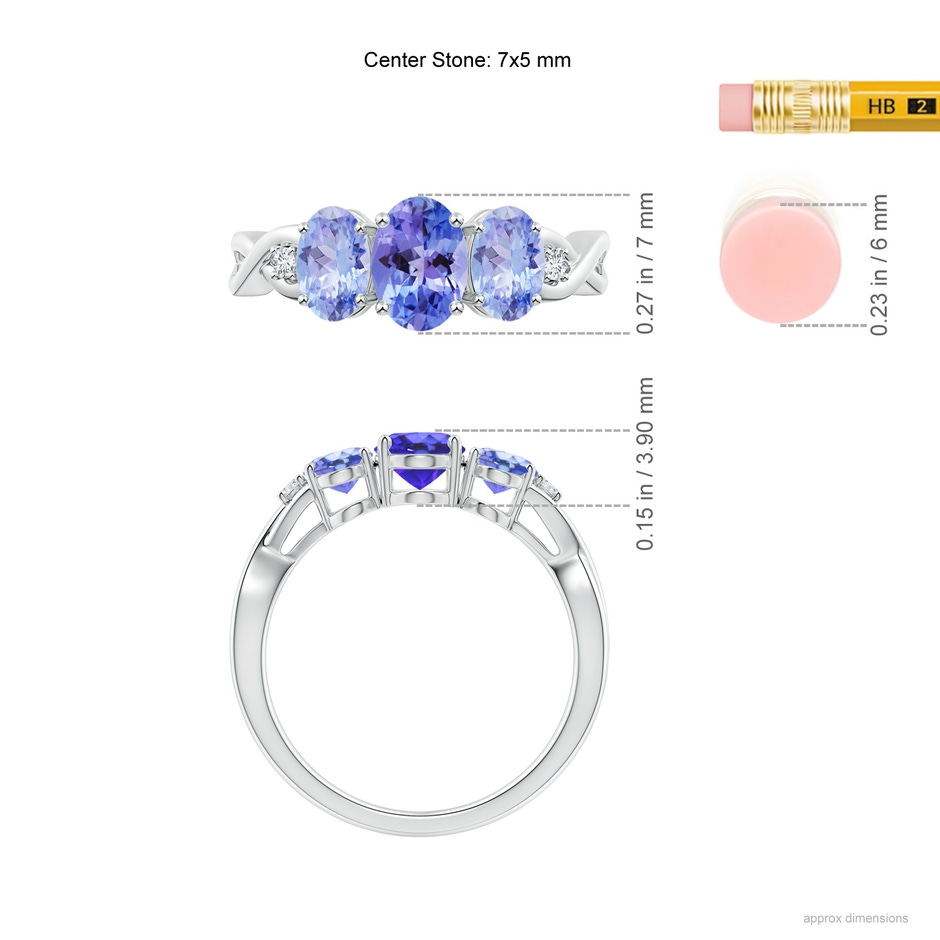 7x5mm AA Oval Tanzanite Three Stone Criss-Cross Ring in White Gold ruler