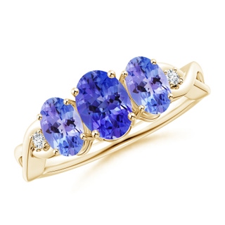 7x5mm AAA Oval Tanzanite Three Stone Criss-Cross Ring in 9K Yellow Gold