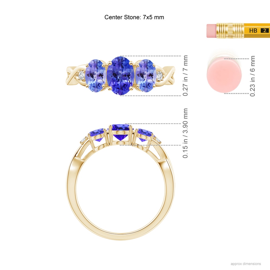 7x5mm AAA Oval Tanzanite Three Stone Criss-Cross Ring in Yellow Gold ruler