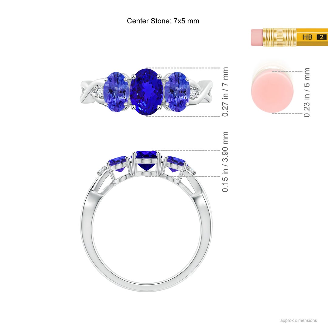 7x5mm AAAA Oval Tanzanite Three Stone Criss-Cross Ring in White Gold - ruler