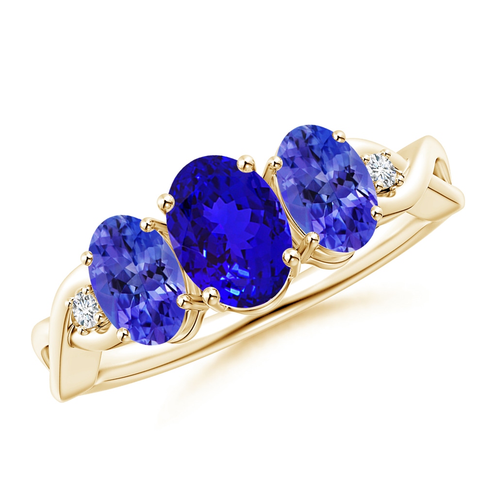 7x5mm AAAA Oval Tanzanite Three Stone Criss-Cross Ring in Yellow Gold