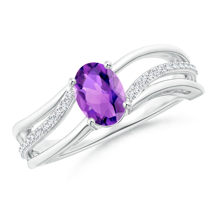 7x5mm AAA Solitaire Oval Amethyst Bypass Ring with Diamond Accents in White Gold 