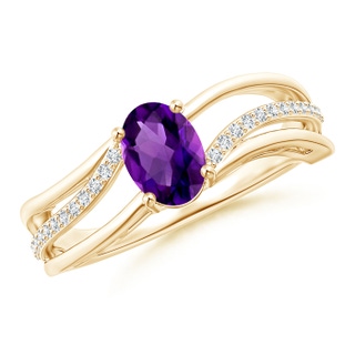 7x5mm AAAA Solitaire Oval Amethyst Bypass Ring with Diamond Accents in 9K Yellow Gold