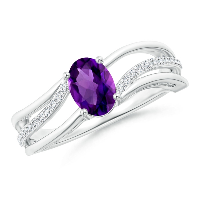 7x5mm AAAA Solitaire Oval Amethyst Bypass Ring with Diamond Accents in S999 Silver