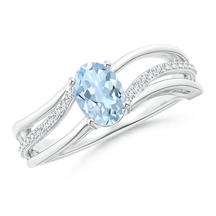 7x5mm AA Solitaire Oval Aquamarine Bypass Ring with Diamond Accents in White Gold 